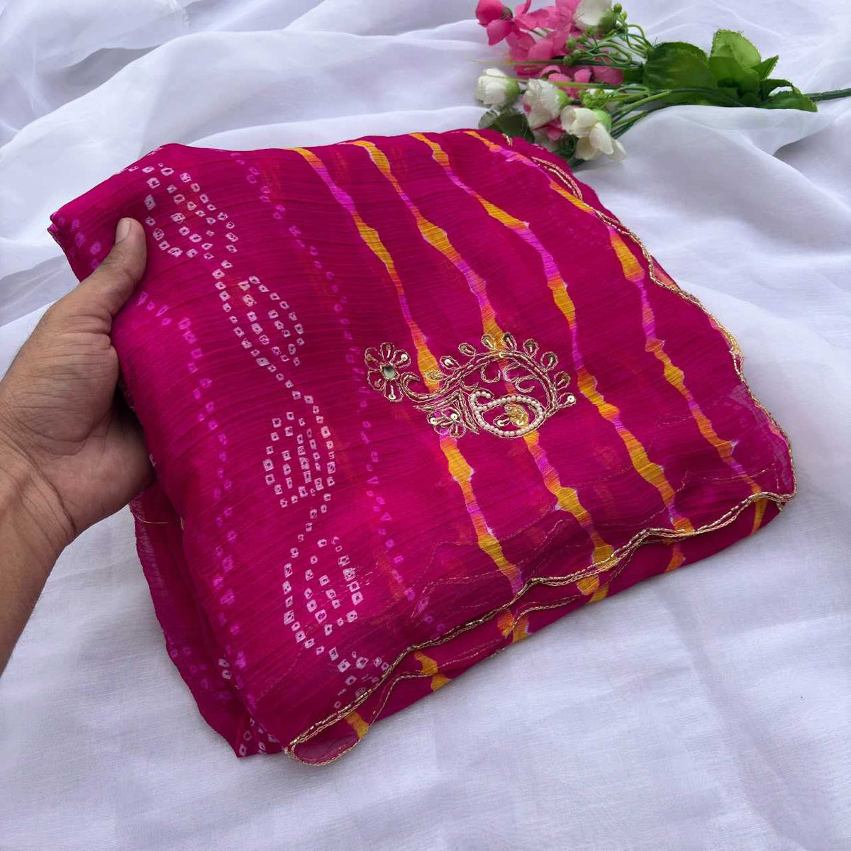 Chiffon Leheriya Saree in Red
