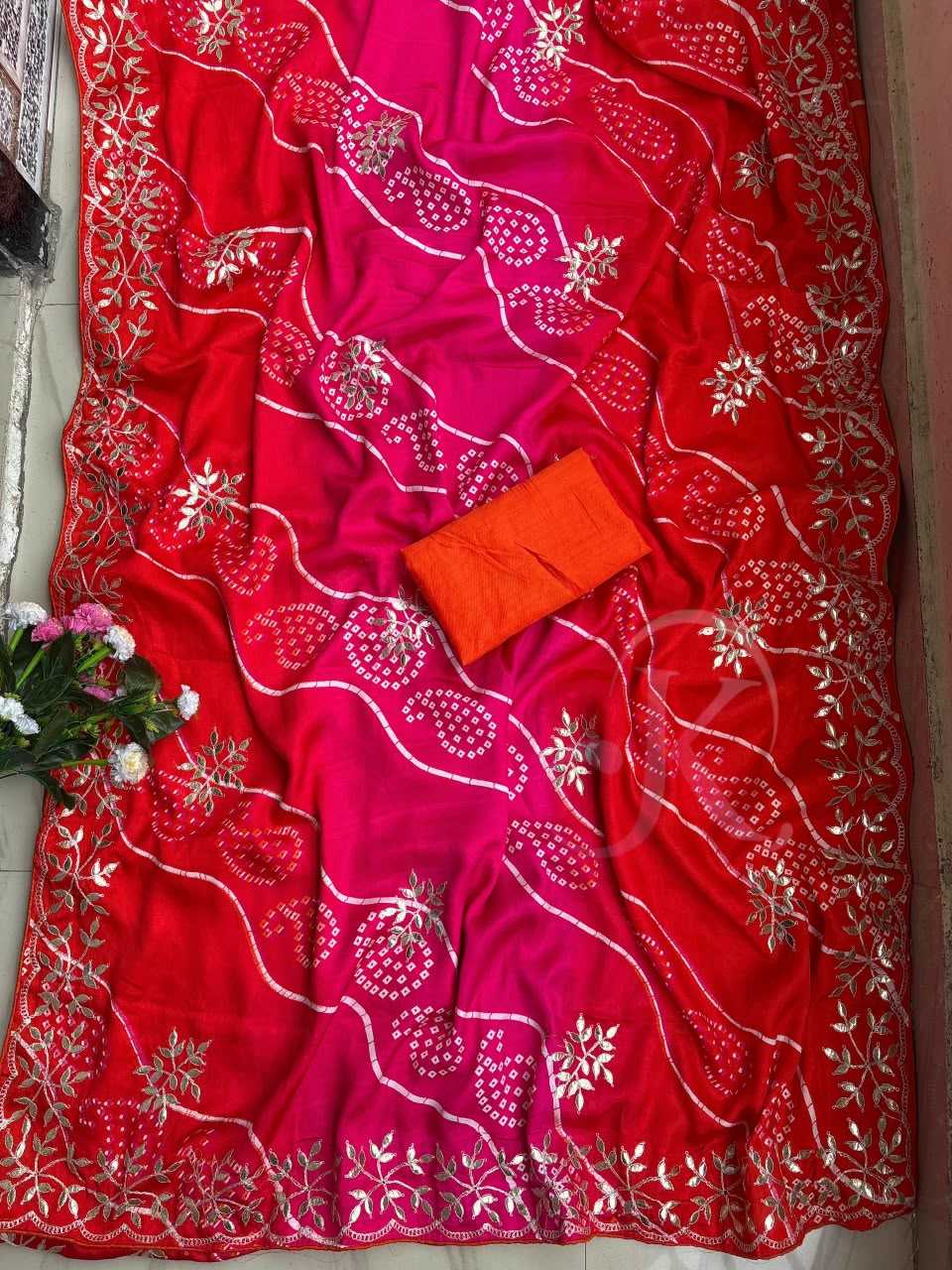 Chinon Silk Soft Saree in Rani