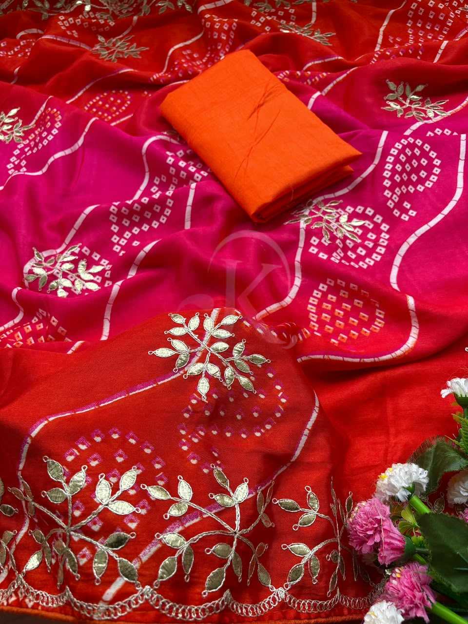 Chinon Silk Soft Saree in Rani