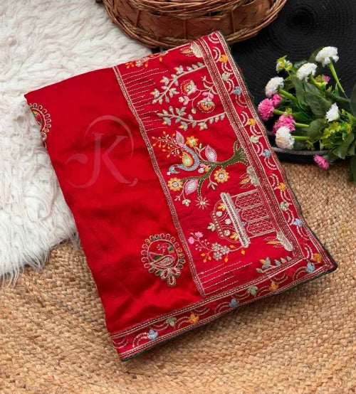 Soft Vichitra Designer Saree in Red