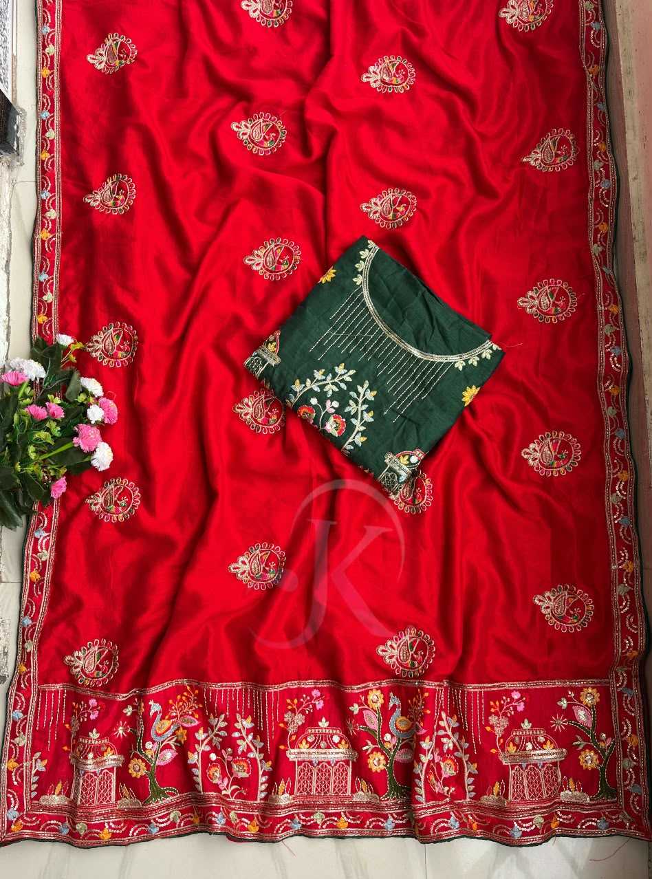 Soft Vichitra Designer Saree in Red