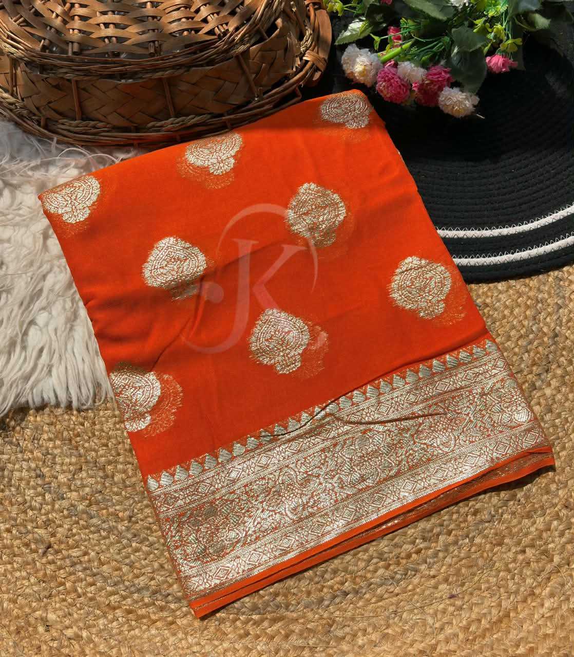 Premium Georgette Designer Saree in Carrot Orange