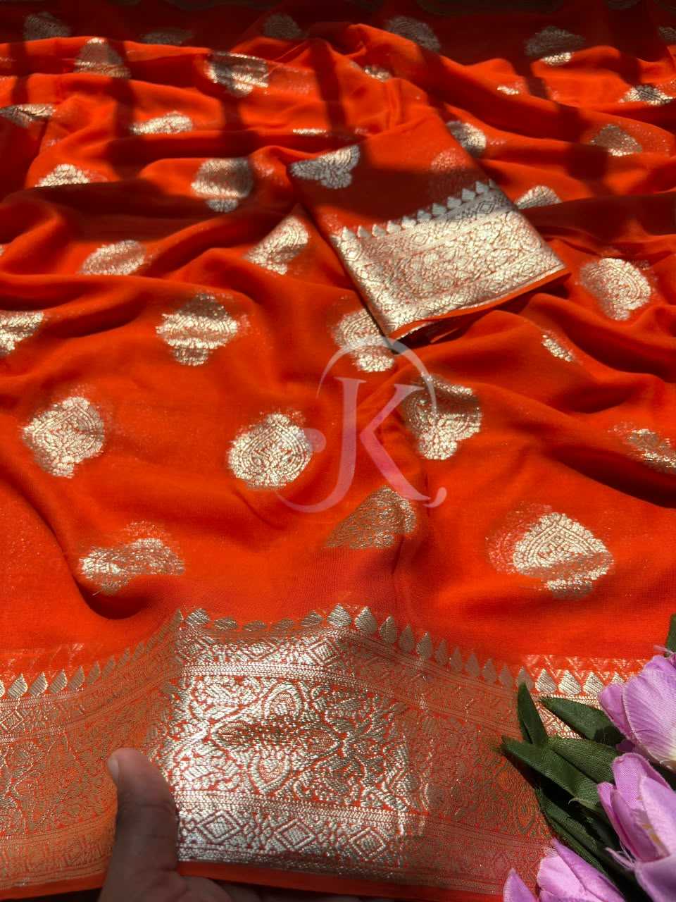 Premium Georgette Designer Saree in Carrot Orange