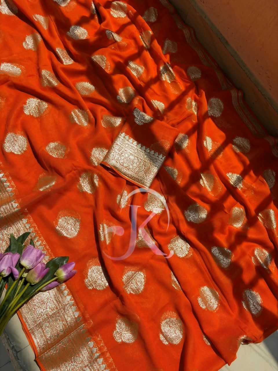 Premium Georgette Designer Saree in Carrot Orange