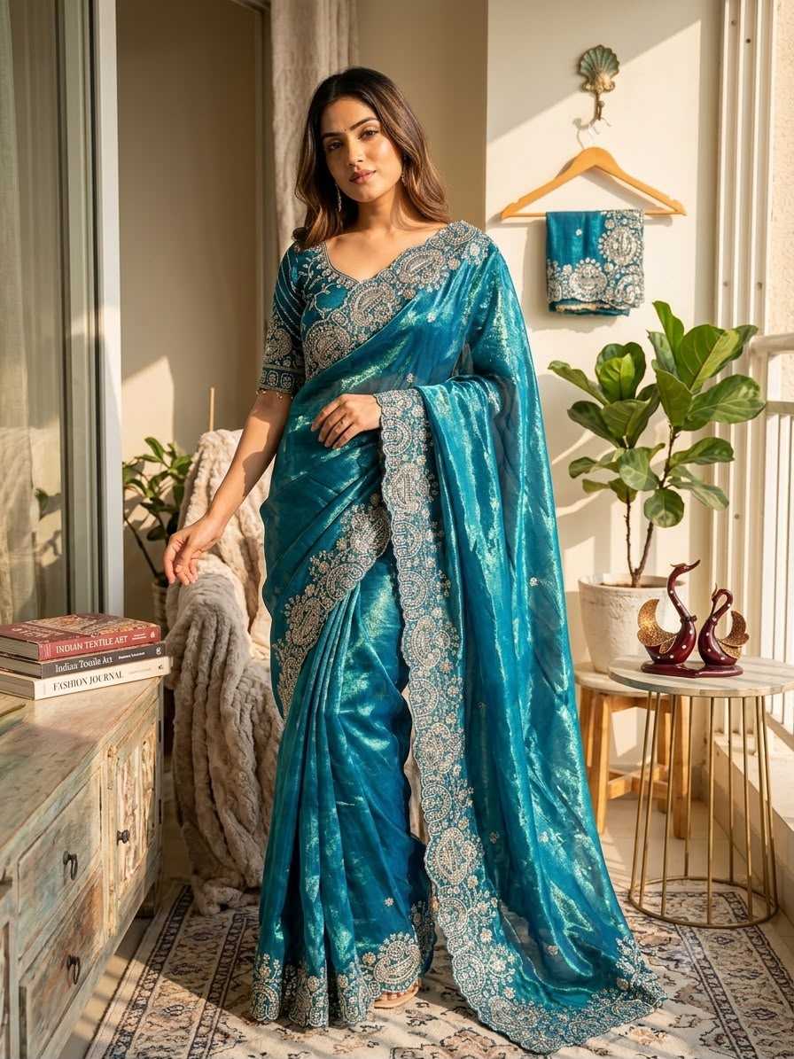 Space Silk Sequence Saree in Blue