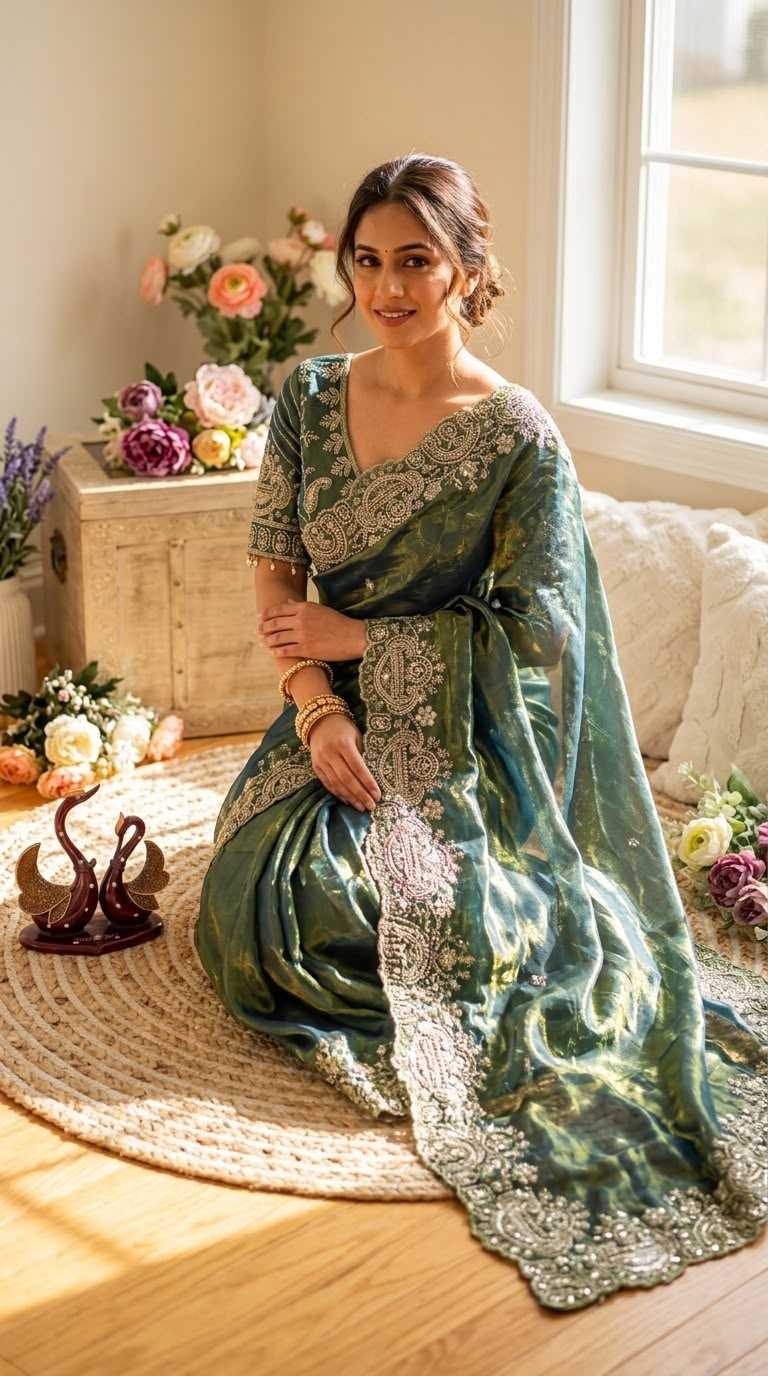 Space Silk Sequence Saree in Blue