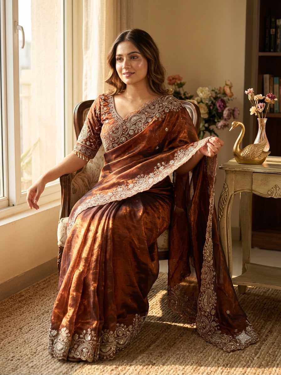 Space Silk Sequence Saree in Blue