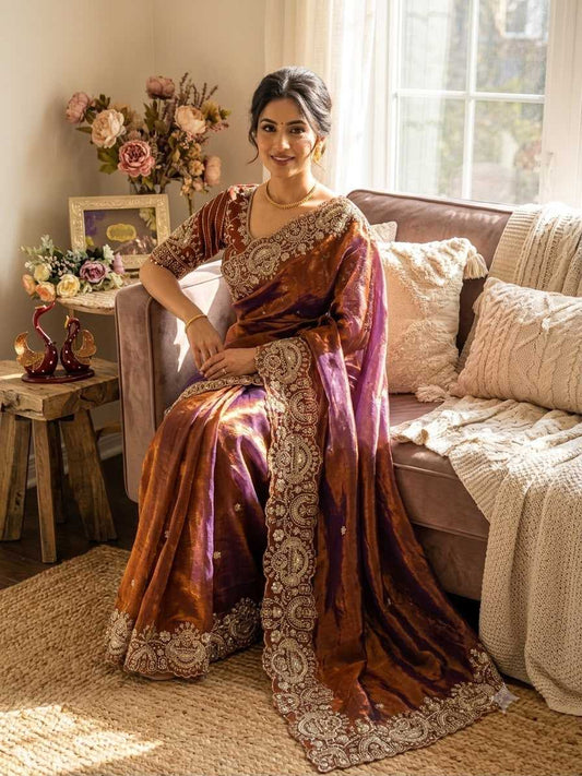 Space Silk Sequence Saree in Blue