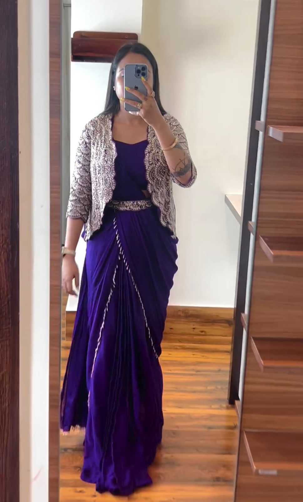 Chinon Designer Saree in Navy Blue