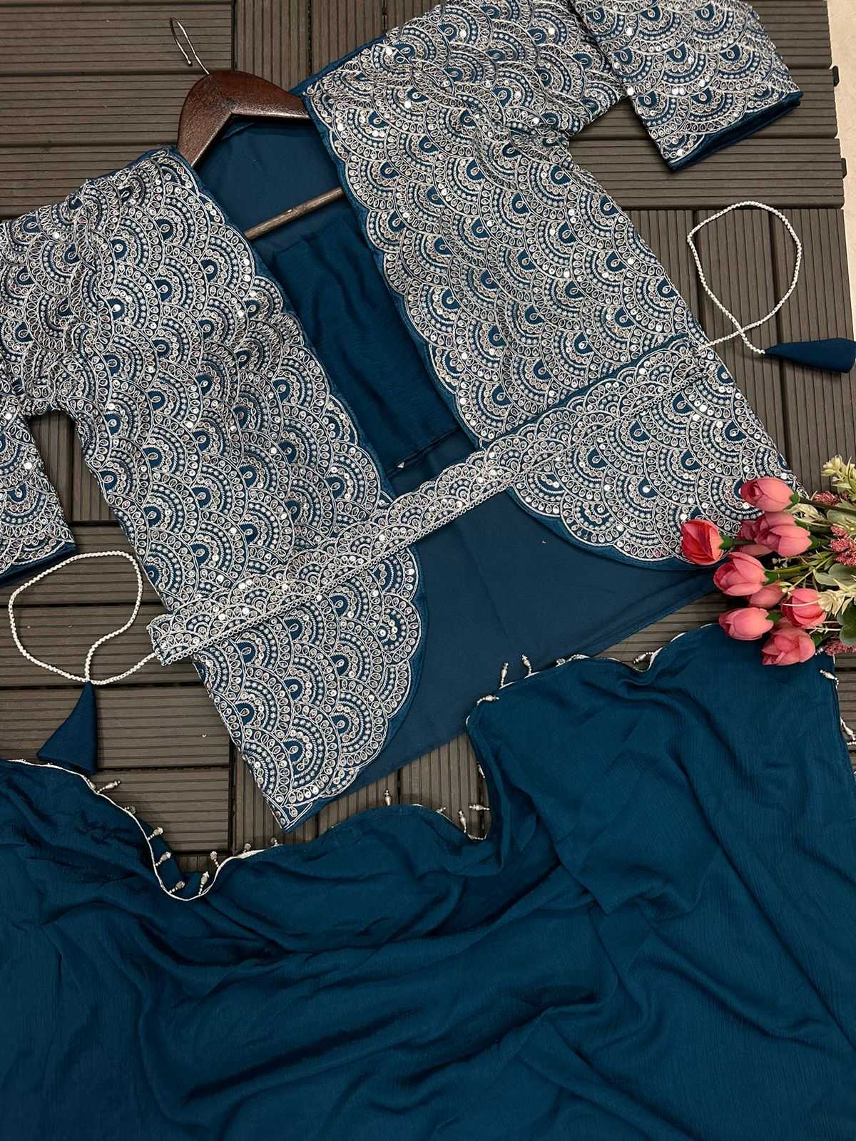 Chinon Designer Saree in Navy Blue