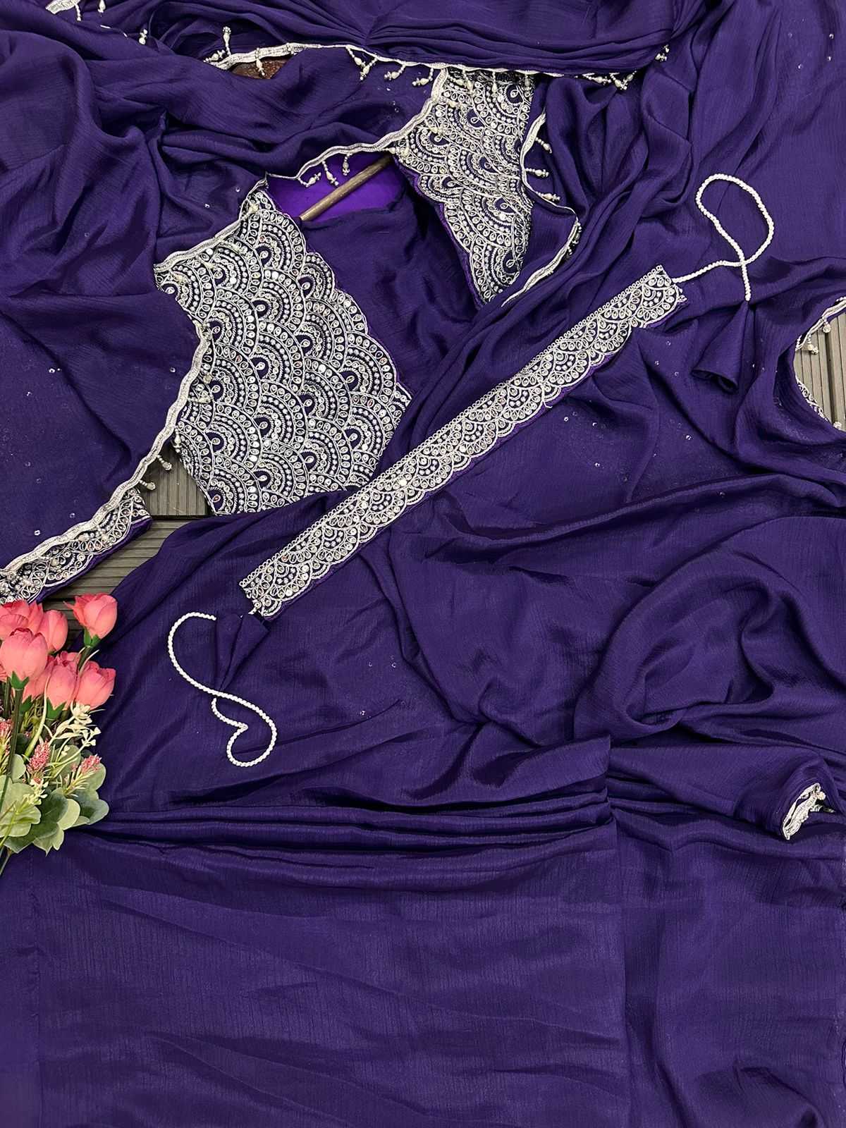 Chinon Designer Saree in Navy Blue