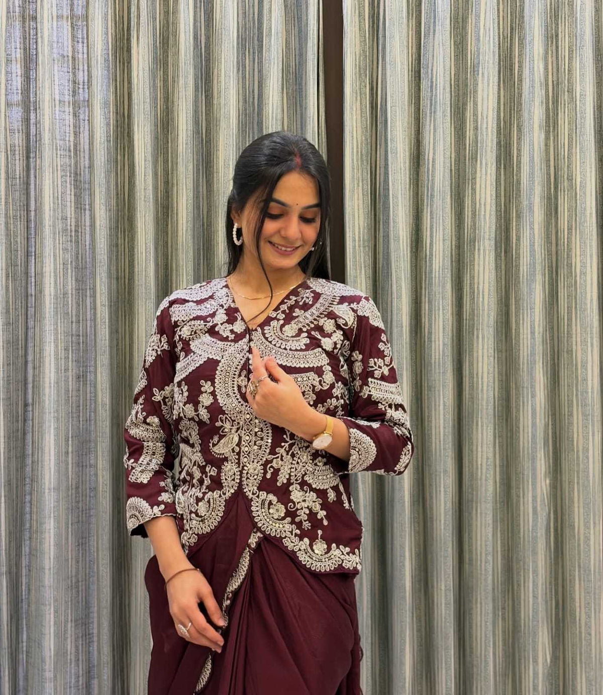 Chinon Ready To Wear Saree in Brown