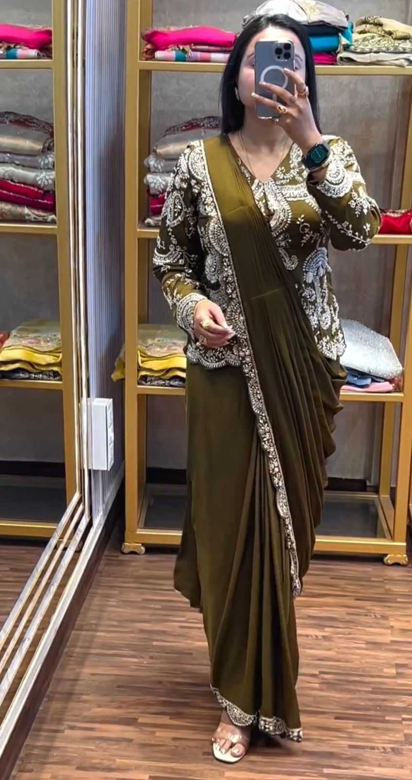 Chinon Ready To Wear Saree in Brown