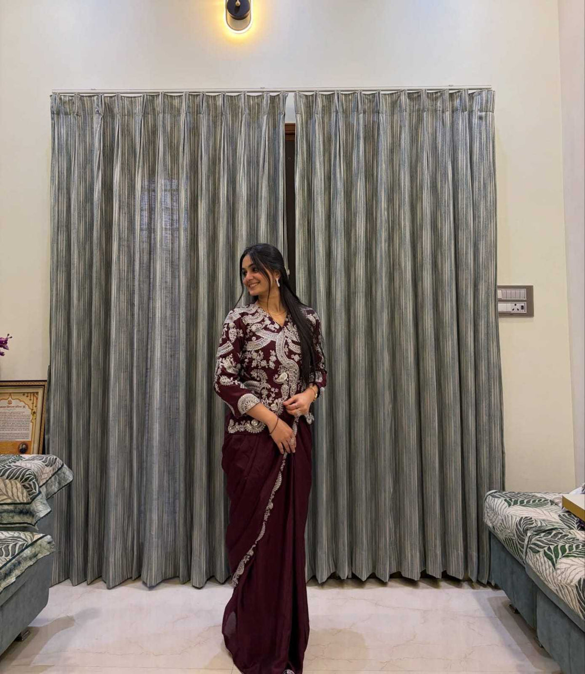 Chinon Ready To Wear Saree in Brown