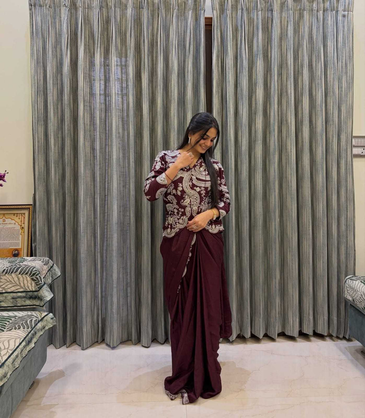 Chinon Ready To Wear Saree in Brown