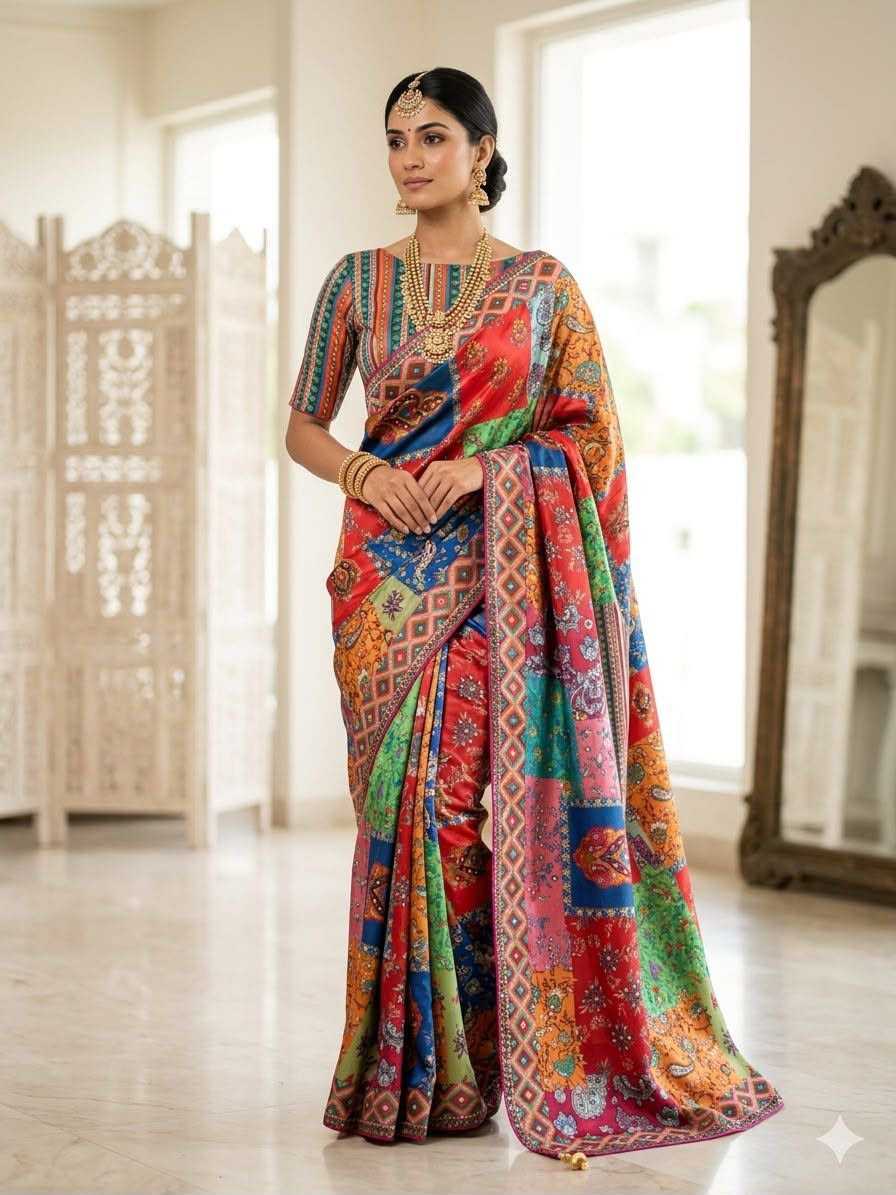 Chinon Designer Saree in Dark Green