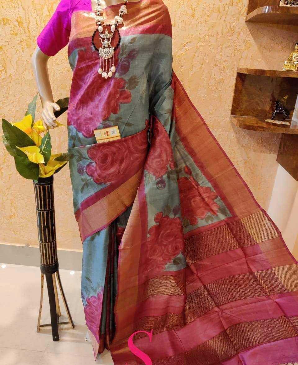 Linen Printed Saree in Grey