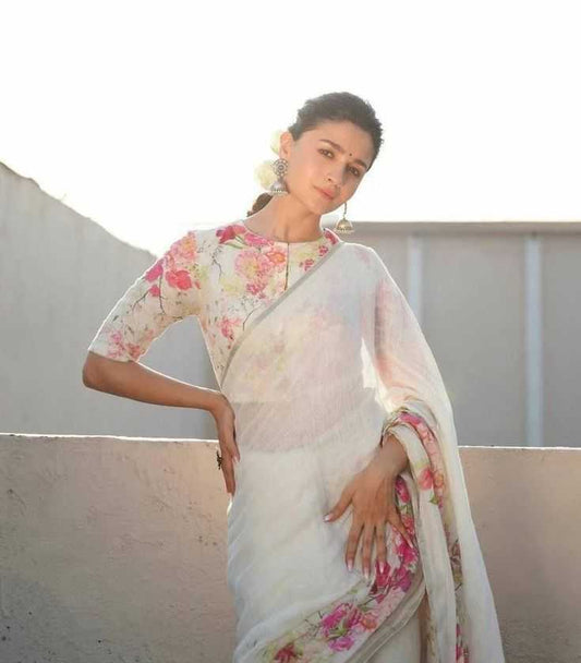 Linen Designer Saree in Rama