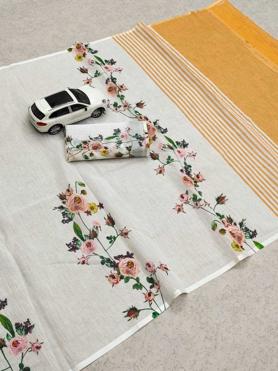 Linen Printed Saree in Rama Green