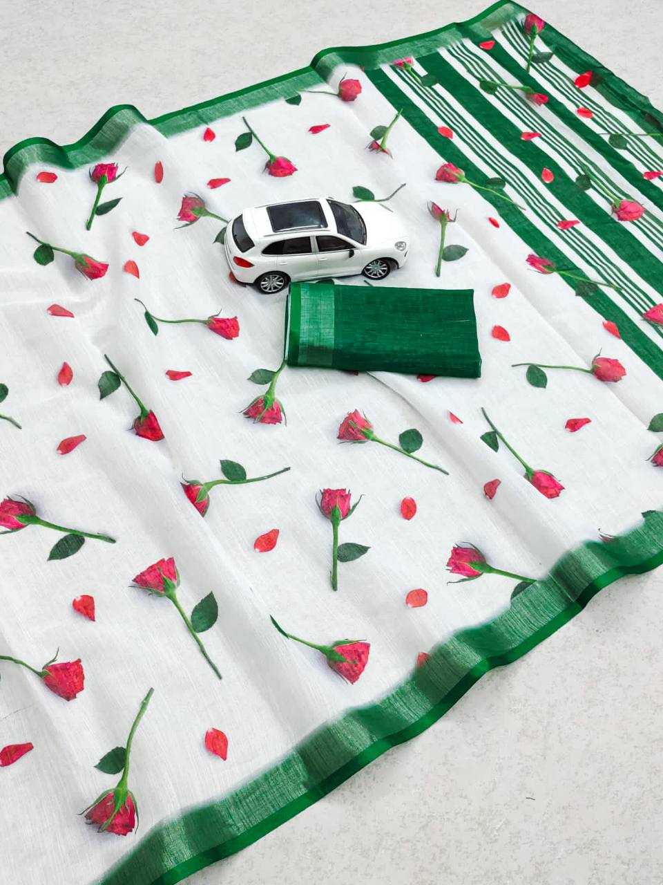 Linen Printed Saree in Rama Green