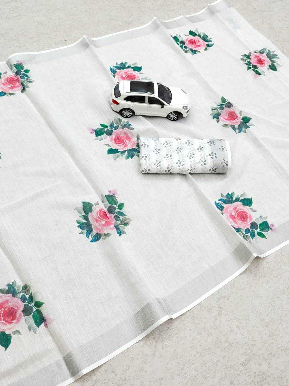 Linen Printed Saree in Rama Green