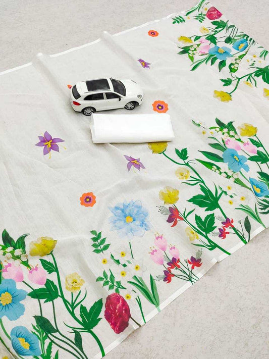 Linen Printed Saree in Rama Green