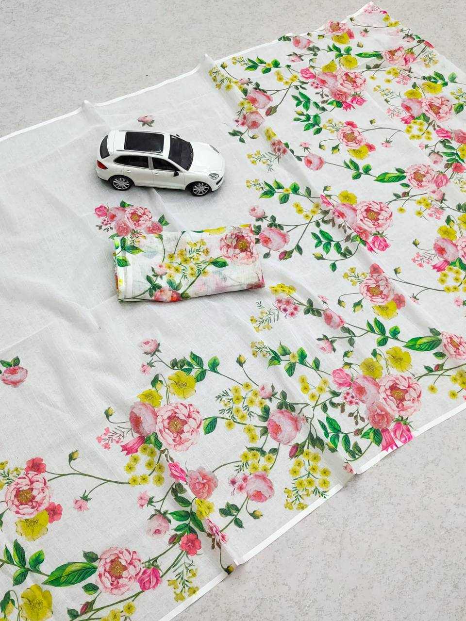 Linen Printed Saree in Rama Green