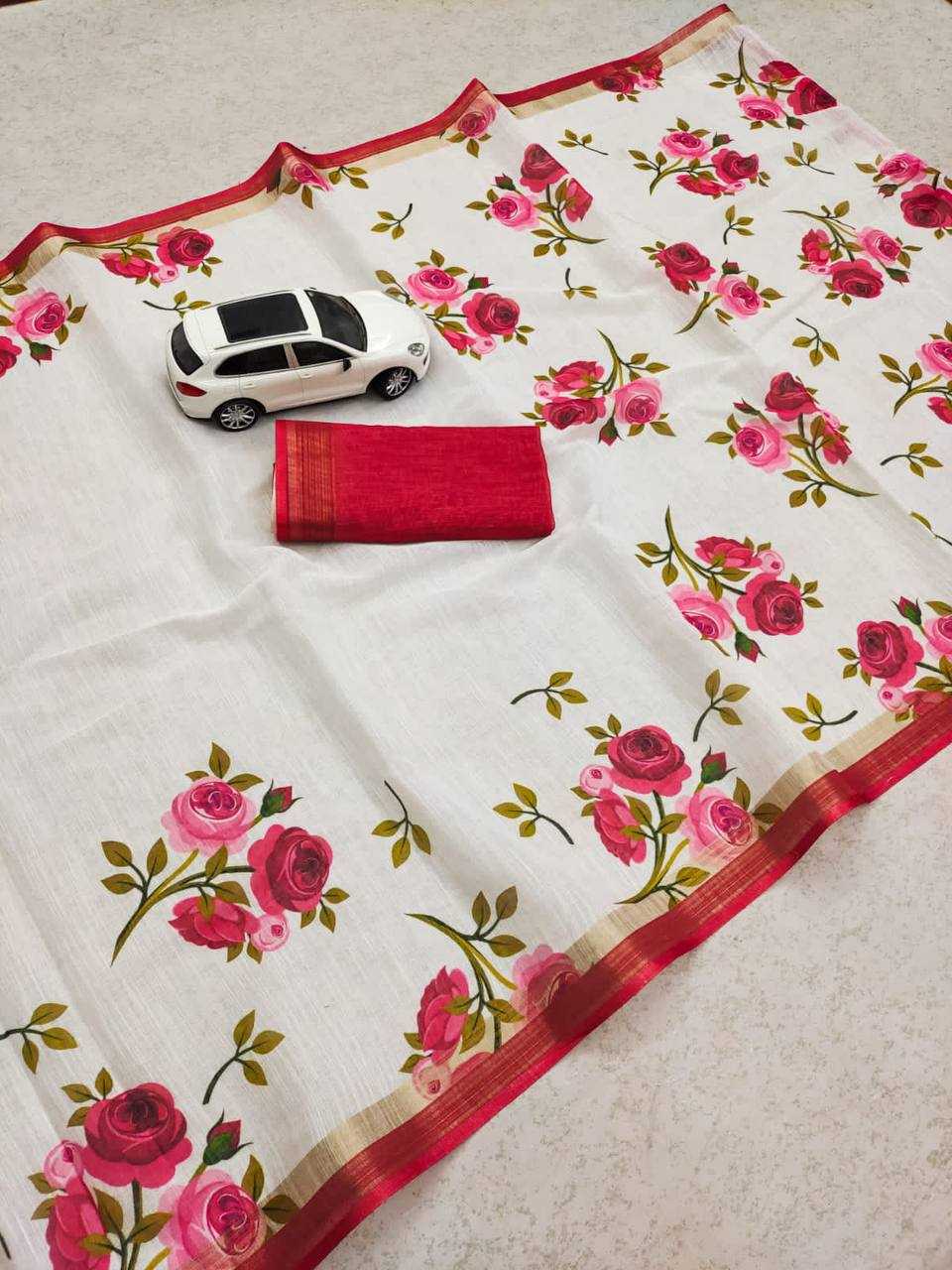 Linen Printed Saree in Rama Green