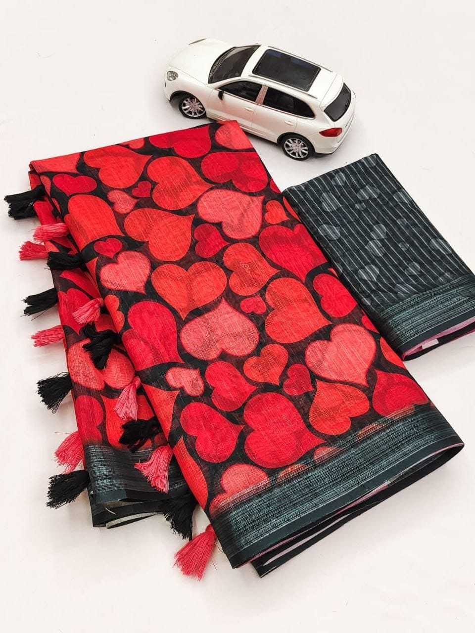Linen Printed Saree in Red