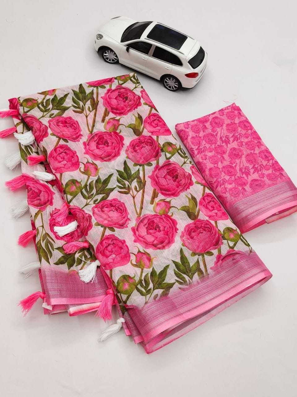 Linen Printed Saree in Red