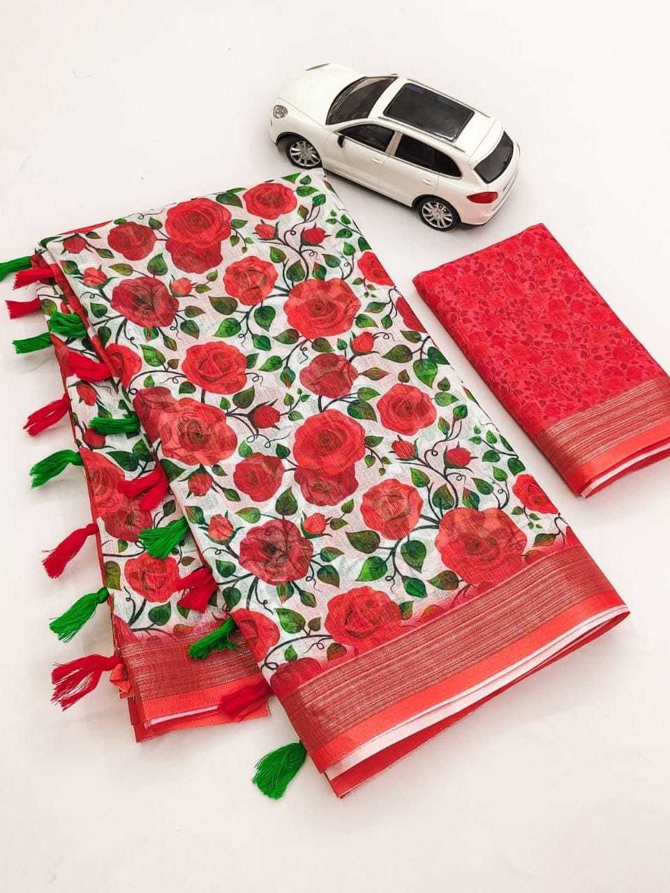 Linen Printed Saree in Red