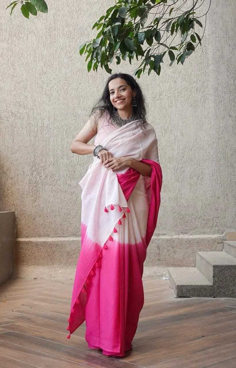 Linen Designer Saree in Rani