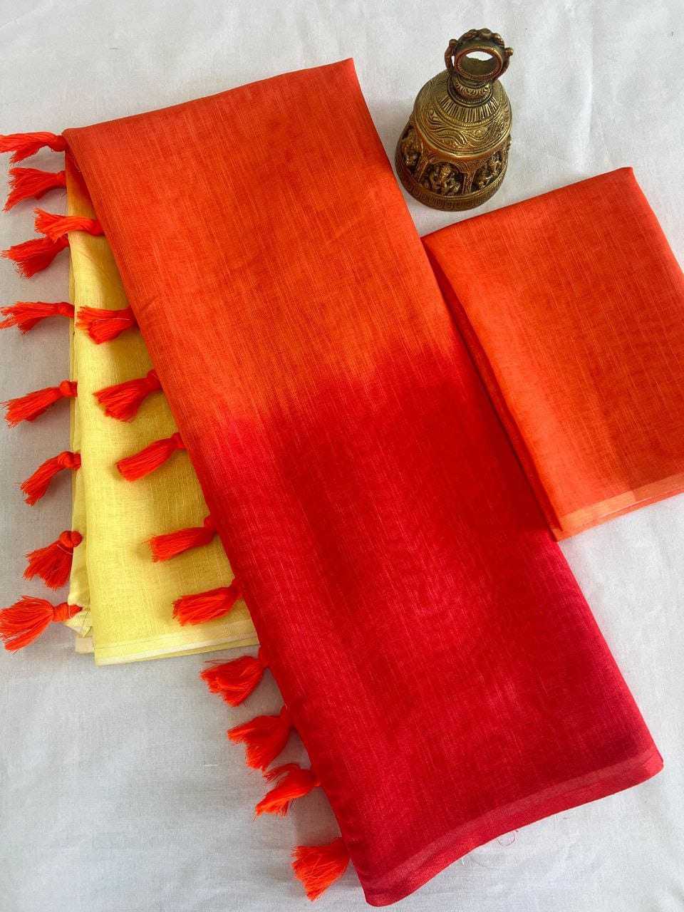 Linen Designer Saree in Rani