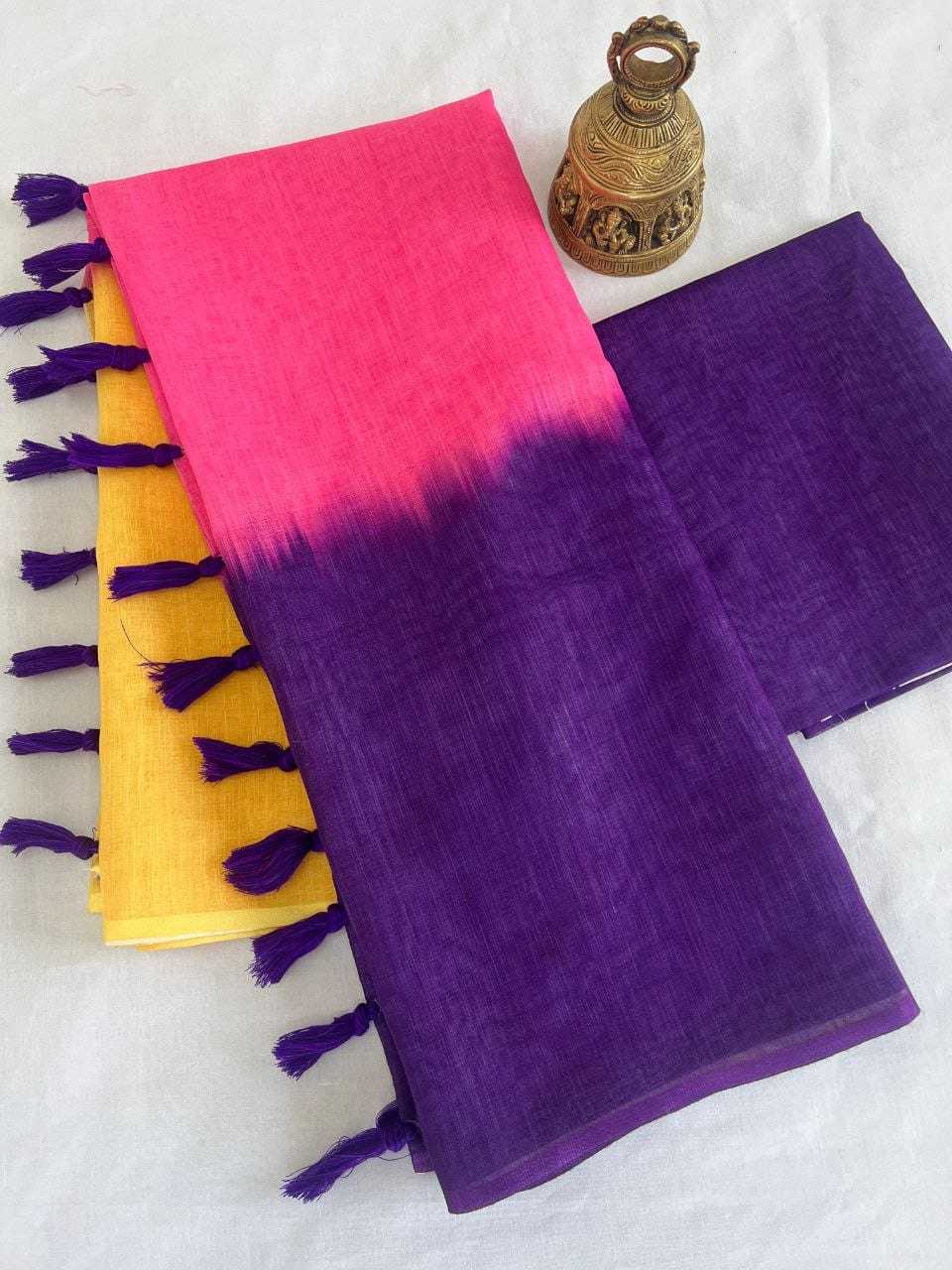 Linen Designer Saree in Rani