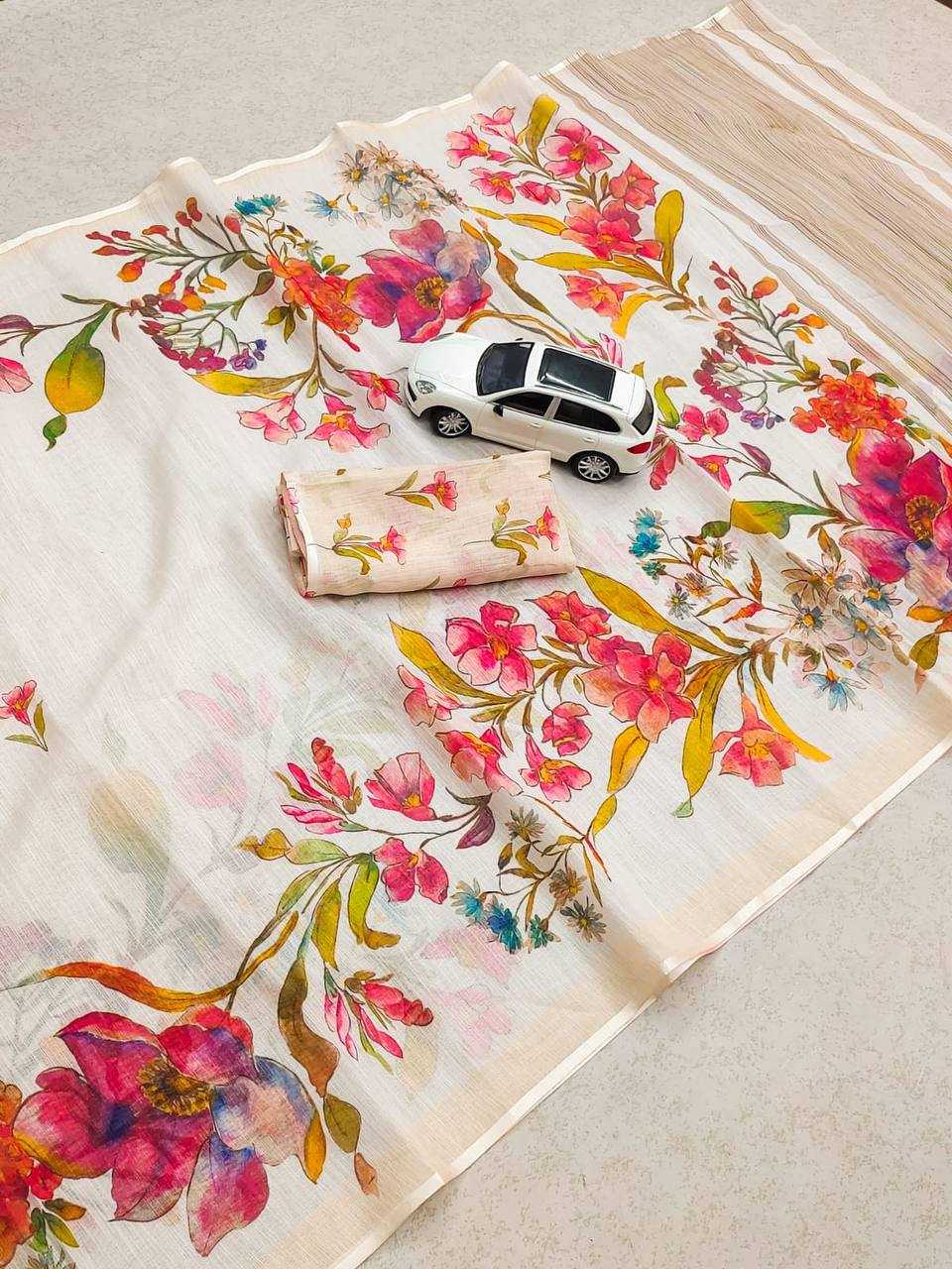 Linen Printed Saree in White