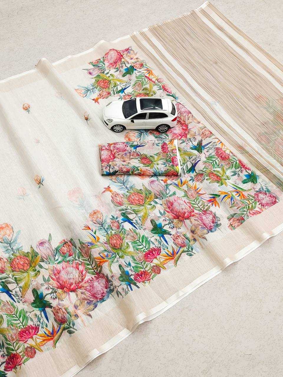 Linen Printed Saree in White