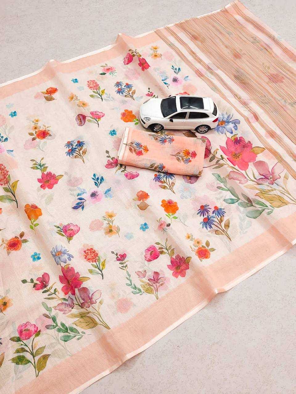 Linen Printed Saree in White