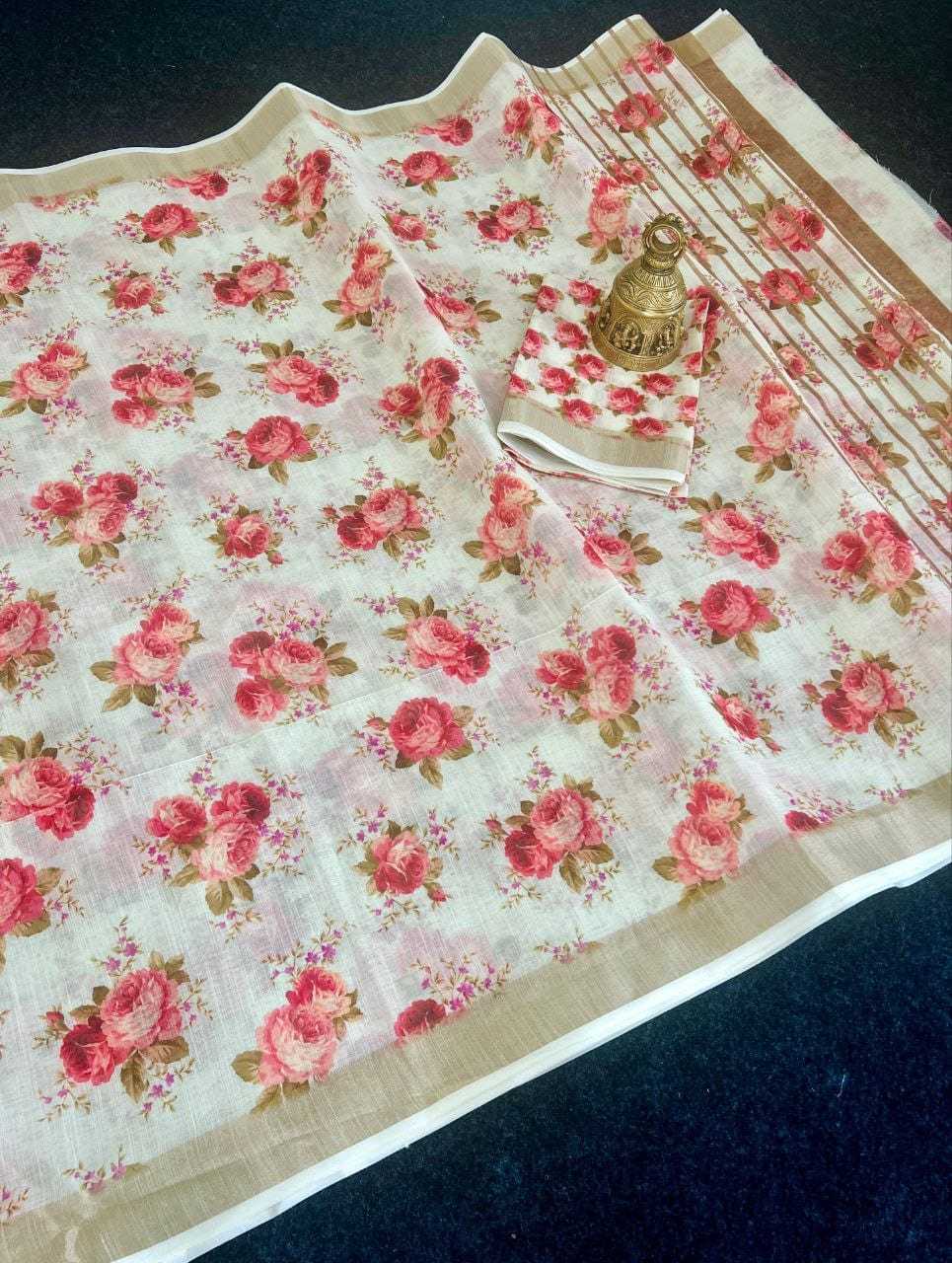 Linen Printed Saree in White