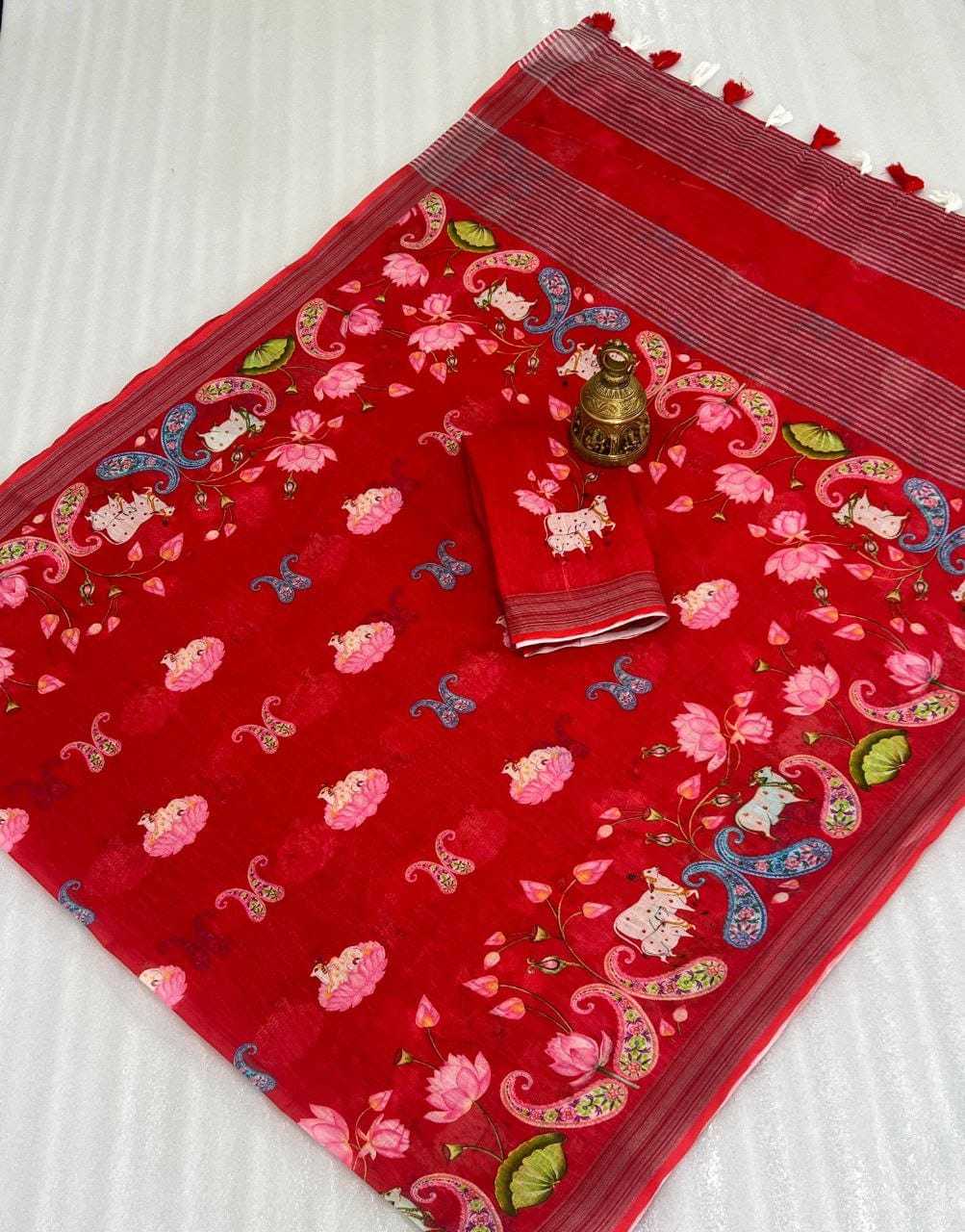 Linen Designer Saree in Pista