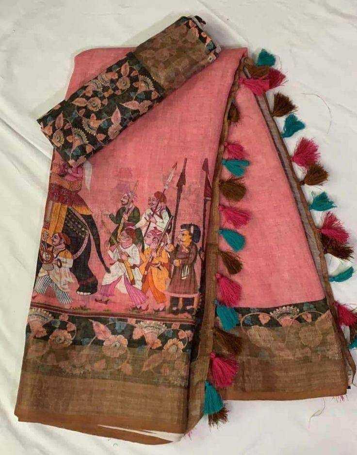 Linen Designer Saree in Pista