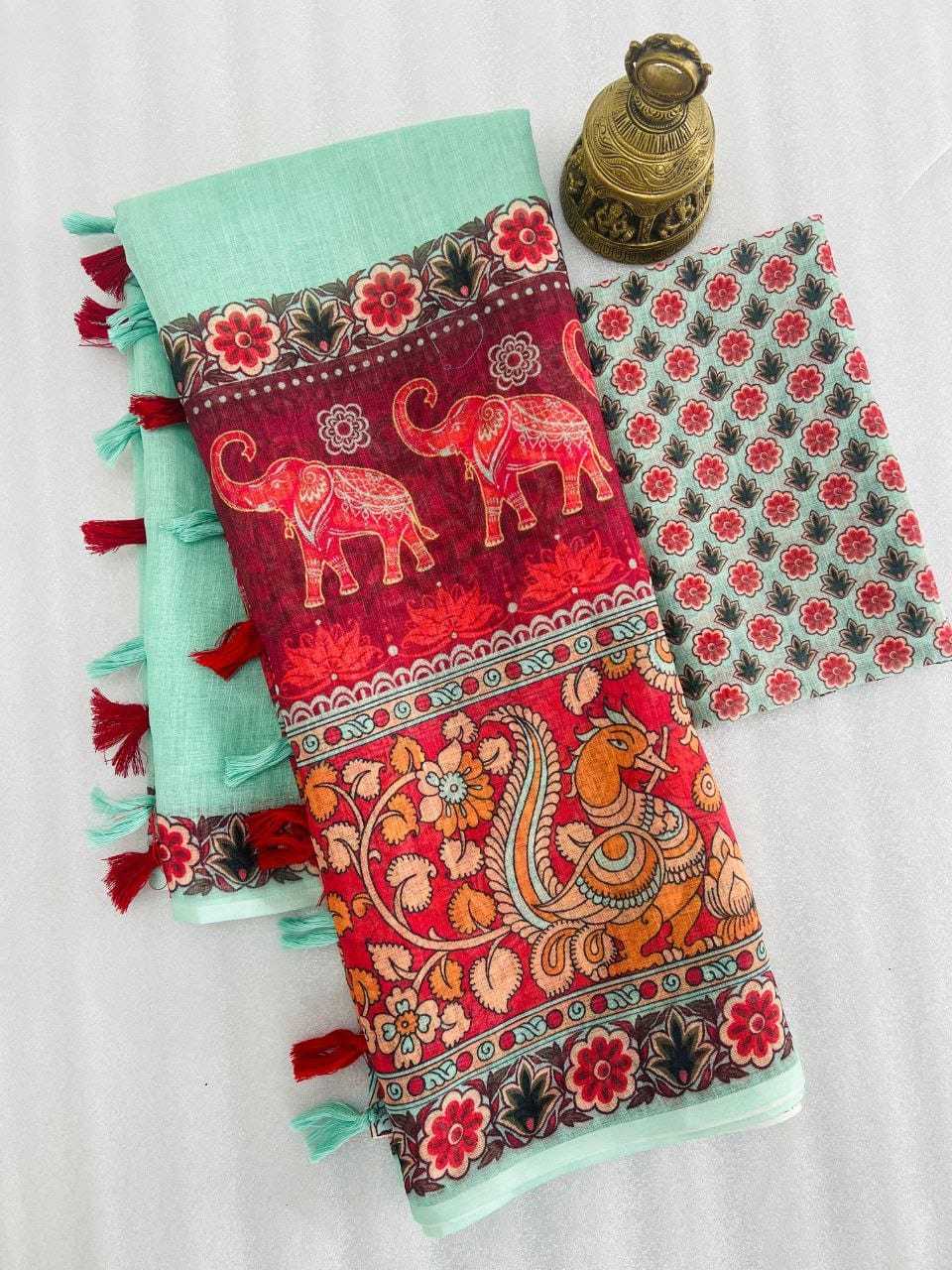 Linen Designer Saree in Sky
