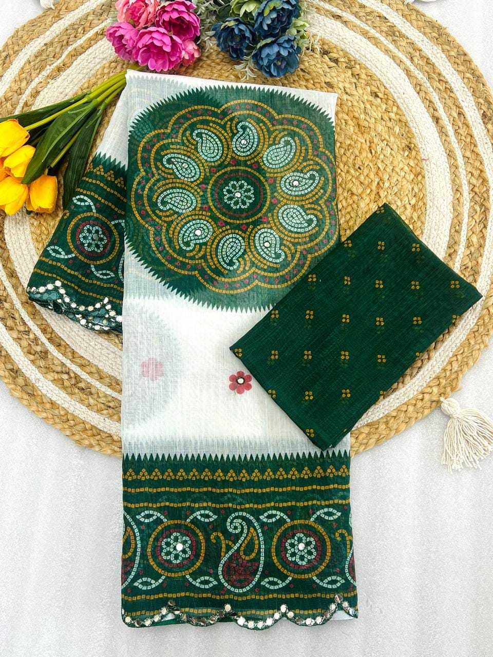 Linen Printed Saree in Rani