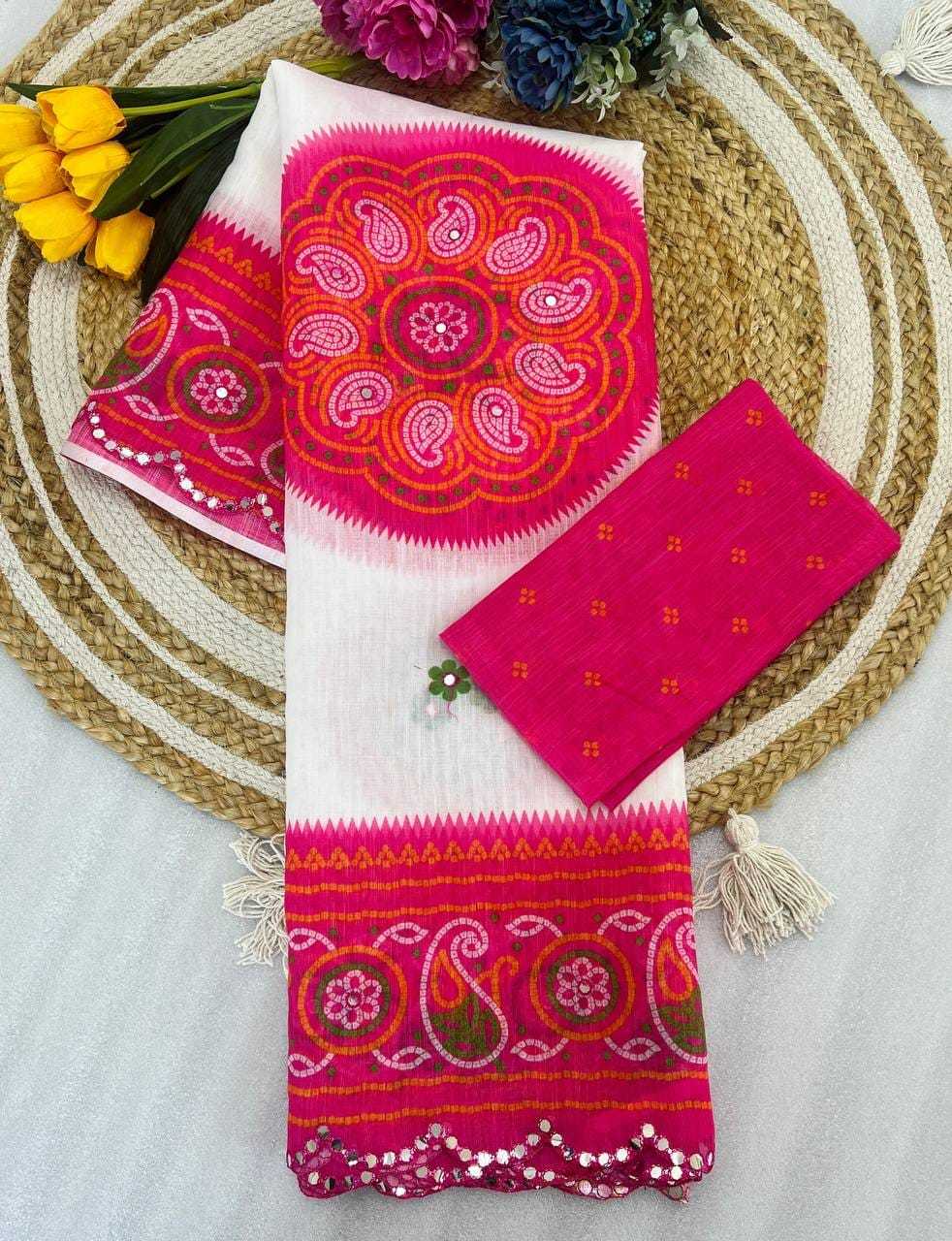 Linen Printed Saree in Rani