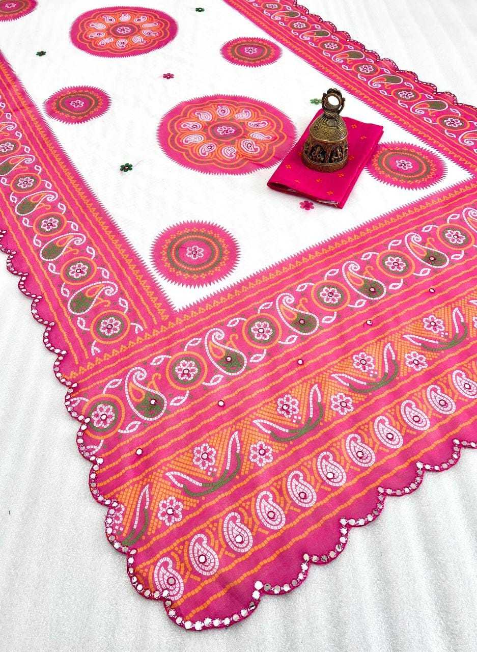 Linen Printed Saree in Rani