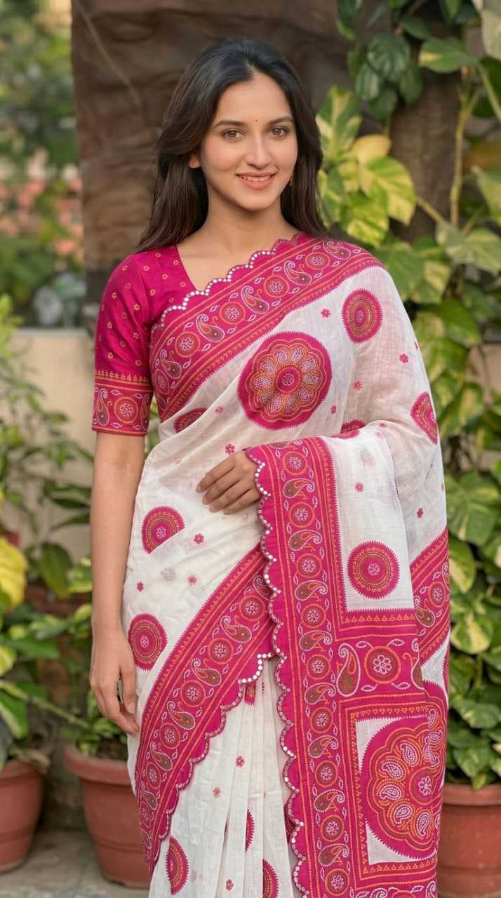 Linen Printed Saree in Rani