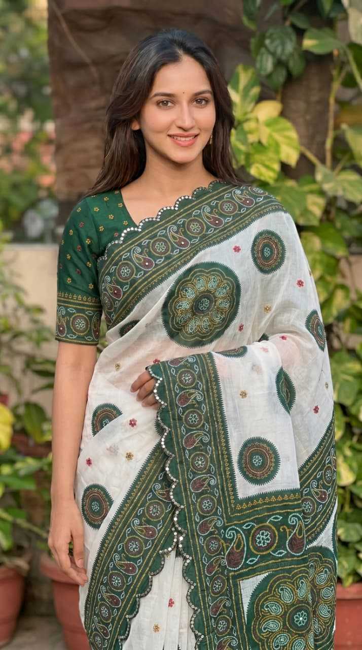 Linen Printed Saree in Rani
