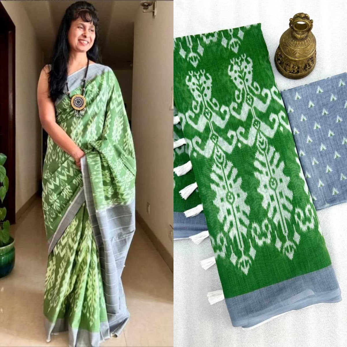 Linen Printed Saree in Light Green