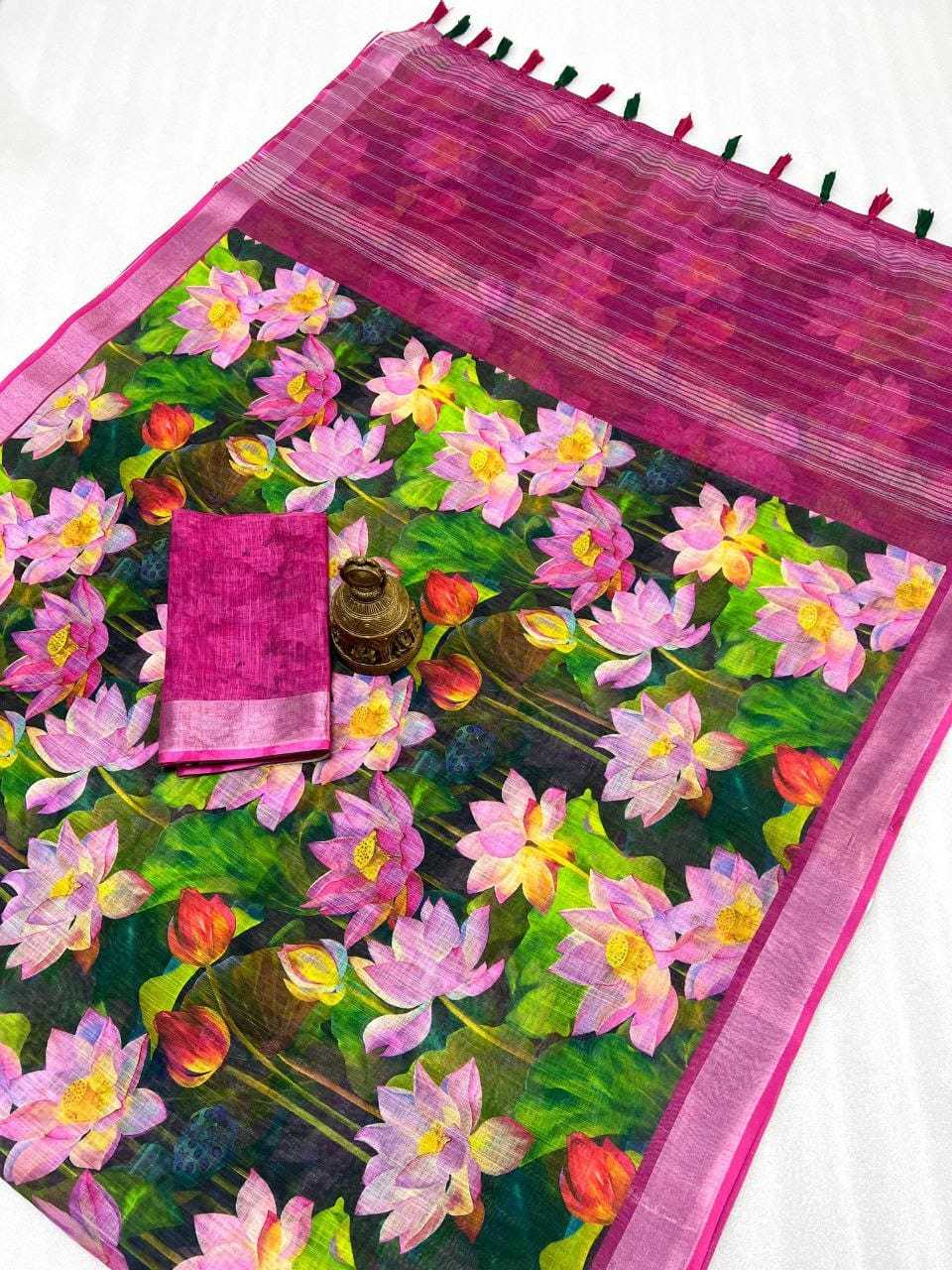 Linen Printed Saree in Light Pink