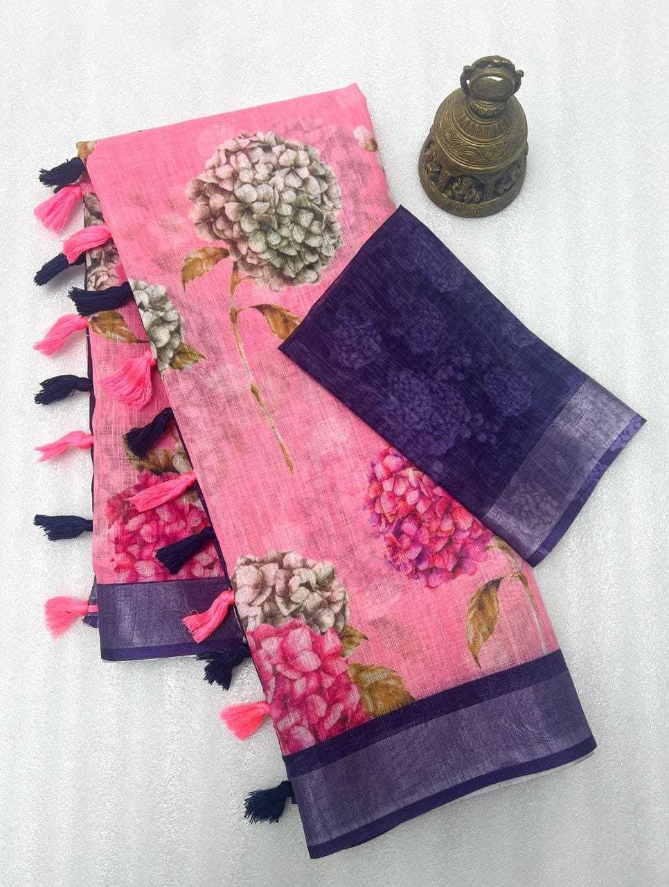 Linen Printed Saree in Light Pink