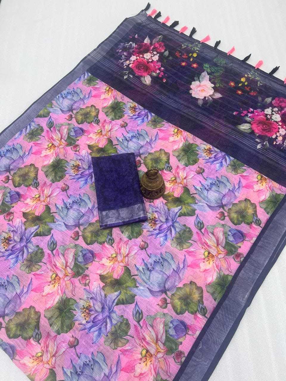 Linen Printed Saree in Light Pink